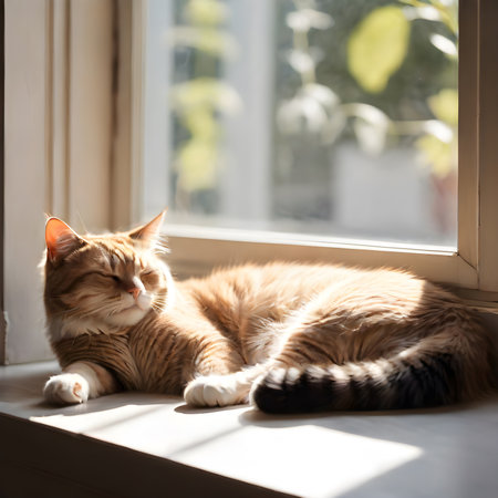 cat taking a nap on a sunlit window ledge, in warm natural light with a view of a peaceful outdoors. ai generativeの素材