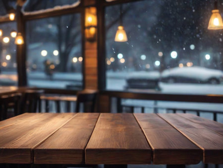A wooden table in front of a window with a snowy night scene. ai generativeの素材