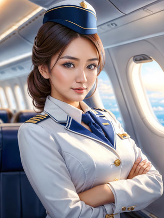 A cartoon airline attendant in a blue uniform sits on an airplane. ai generativeの素材