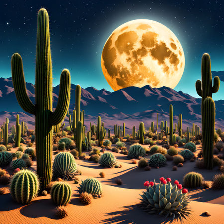 A desert landscape with cacti, a large full moon, and a starry night sky. ai generativeの素材