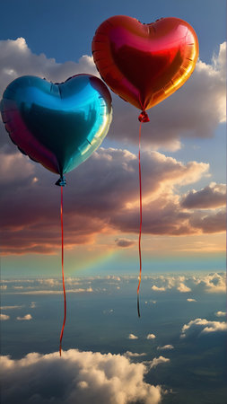 two heart-shaped balloons floating in a cloudy sky. ai generativeの素材