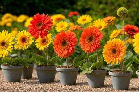 A row of potted orange and yellow gerbera daisies. ai generativeの素材