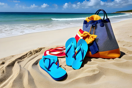 A pair of flip-flops and a beach bag on sandy shores, showcasing the anticipation and relaxation of a day at the beach. ai generativeの素材