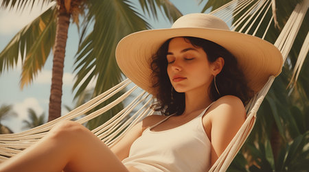 A woman with a wide-brimmed hat relaxing in a hammock strung between two palm trees, epitomizing a tropical summer getaway. ai generativeの素材