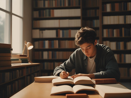 A student studying in a library, depicting concentration and the pursuit of knowledge. ai generativeの素材