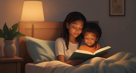 Illustration about, A parent reading a bedtime story to their child, evoking warmth, comfort, and parental love . ai generativeの素材