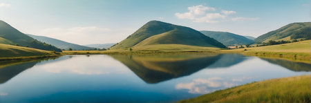 A serene landscape features a lake in the foreground, with a grassy field and mountains in the background. ai generativeの素材
