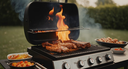 A close-up of a barbecue grill with flames and sizzling food, evoking the aroma and flavor of summer outdoor cooking. ai generativeの素材