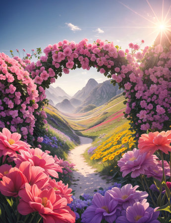 A archway of flowers with winding path through a valley of flowers. ai generativeの素材