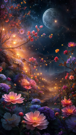 a celestial garden with flowers blooming. ai generativeの素材
