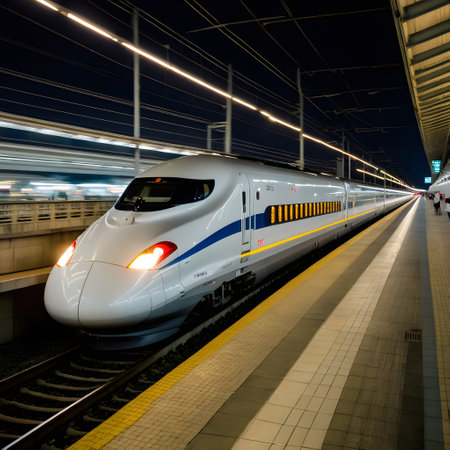 A white and blue high-speed train is traveling down the tracks at night . ai generativeの素材