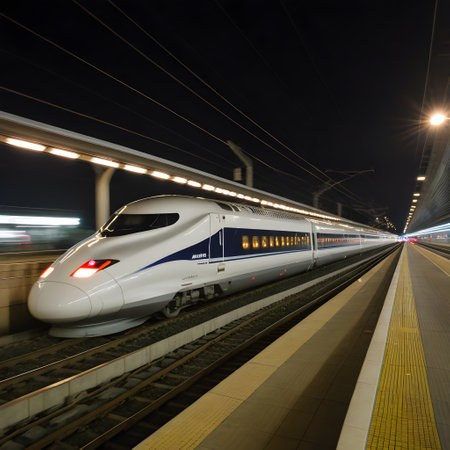 A white and blue high-speed train is traveling down the tracks at night . ai generativeの素材
