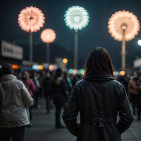 Rear view of a group of people watching fireworks at the festival. aiの素材