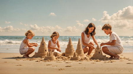 A family of four is building sandcastles on the beach. aiの素材