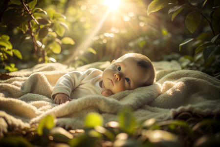 a baby lying on a plush blanket surrounded by soft light and plants. aiの素材