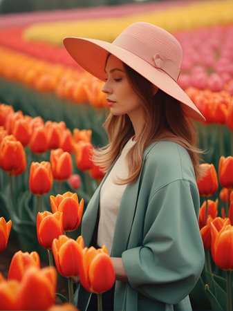 A woman with a widebrimmed hat walking in tulips flowers garden. aiの素材