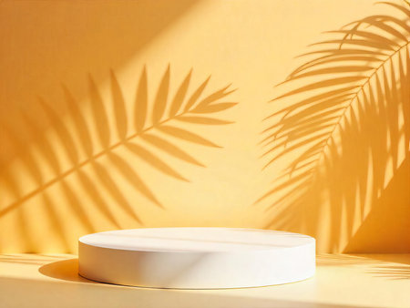 A white podium in a studio with a yellow wall and a shadow of a plantの素材