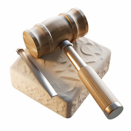 Chisel and mallet icon in wood and steel, resting on a stone sculpture base with fine dustの素材