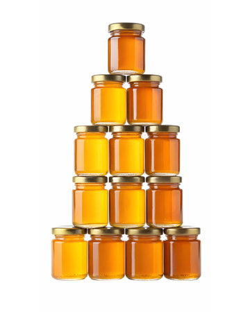 Creative arrangement of honey jar stacked in a pyramid shape, isolated on transparent backgroundの素材