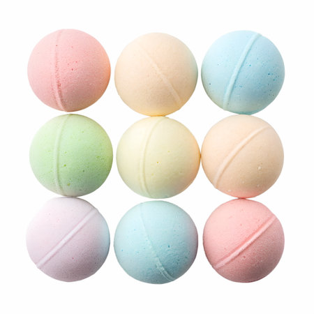A set of colorful bath bombs in various pastel colors, arranged neatly. The bath bombs have a smooth, spherical shape, with intricate detailing visibleの素材