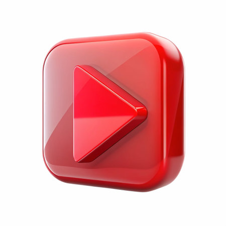 A red triangular play button with bevel edges, inside a semi-transparent rounded squareの素材