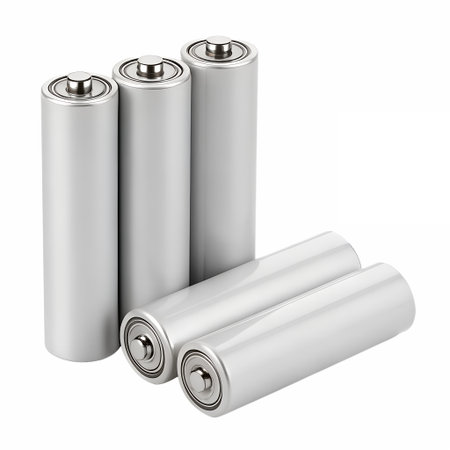 A set silver, cylindrical lithium-ion batteries with metallic caps, arranged in two stacks of three on a transparent backgroundの素材