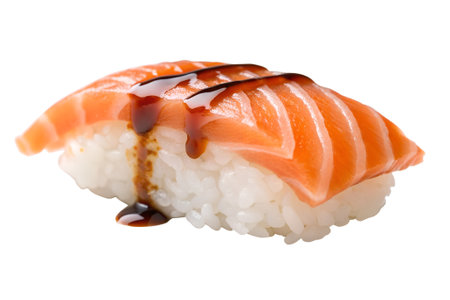 a sushi roll with vibrant orange salmon sashimi, white rice, and dark soy sauce drizzled on top, isolated on a transparent backgroundの素材