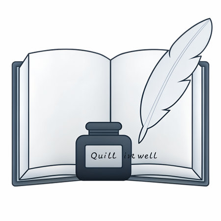 Quill and inkwell icon in vintage style, resting beside an open handwritten manuscriptの素材
