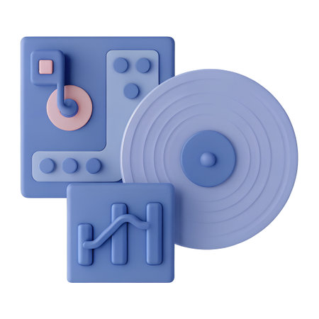 3D icon, A minimalist, abstract digital illustration featuring a stylized turntable and vinyl record in soft blue tones, with geometric shapes and a pink button on a matching blue control panel.の素材