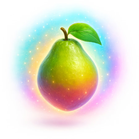 3D icon of a floating guava with rainbow-colored glow, isolated on white backgroundの素材