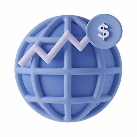3D economic trend icon, globe with rising and falling linesの素材