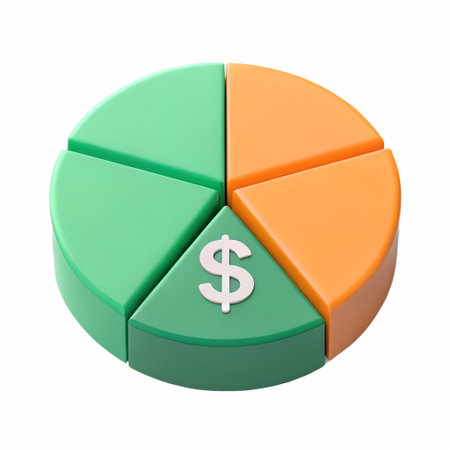 3D icon of a budget pie chart with sliced segments and dollar symbolの素材