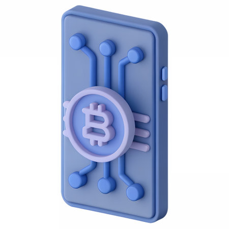 A 3D-rendered, blue smartphone case featuring a central Bitcoin symbolの素材