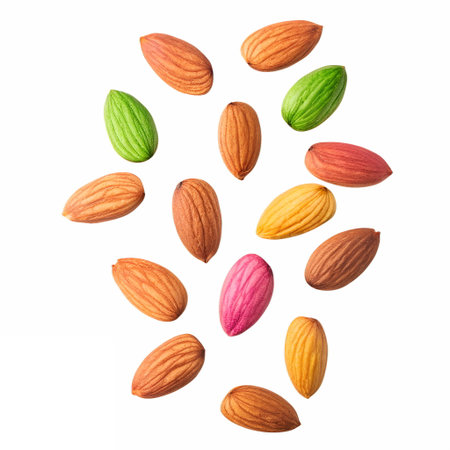 Floating composition of colorful almonds arranged in mid-air, isolated on transparent backgroundの素材