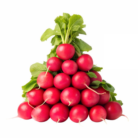 Creative arrangement of radishes stacked in a pyramid shape, isolated on transparent backgroundの素材