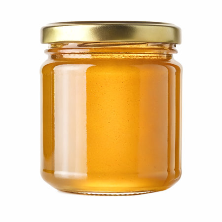 Close-up of a fresh honey jar standing on a transparent backgroundの素材