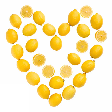 Flat lay of assorted lemon arranged as as a heart, isolated on transparent backgroundの素材