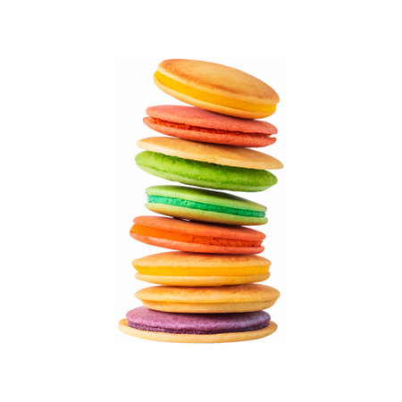 Floating composition of colorful pancakes arranged in mid-air, isolated on transparent backgroundの素材