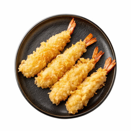 Crispy Tempura Shrimp with Soy Dipping Sauce Light, golden-battered shrimp arranged on a Japanese-style plate. Isolated on a transparent backgroundの素材