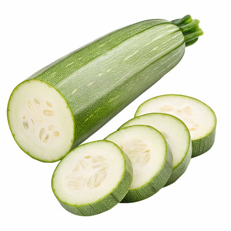 High-resolution image of a zucchini partially sliced, isolated on transparent backgroundの素材