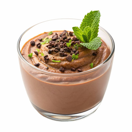 Healthy chocolate avocado pudding served in a glass cup, topped with cacao nibs and mint, smooth texture, isolated on a transparent backgroundの素材