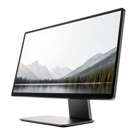 modern desktop computer monitor with thin bezel, black frame, isolated transparent backgroundの素材