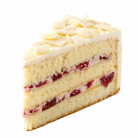 Slice of white chocolate cake with raspberry filling and white chocolate shavings on topの素材
