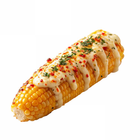 Mexican Elote (Street Corn) Coated in Cheese and Chili Powder. Isolated on a transparent backgroundの素材