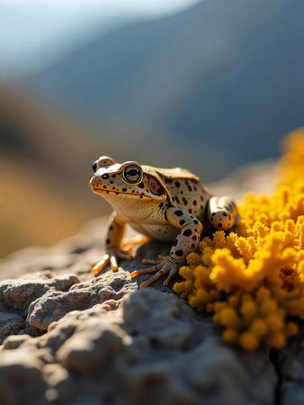 A golden toad camouflaged among golden-colored lichen on a rocky outcrop in a mountainous region during a sunny afternoonの素材