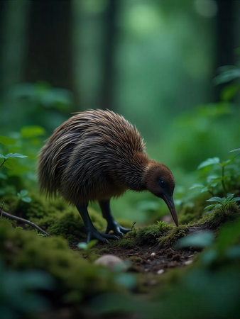 A brown kiwi foraging in a lush, green New Zealand forest at twilight, surrounded by ferns and moss-covered logsの素材