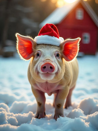 A pot-bellied pig wearing a tiny Santa hat, standing in a snowy winter farmyard with a red barn in the backgroundの素材