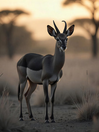 A Dik-dik in the African savanna at sunrise, golden light, dry grass, acacia trees in the backgroundの素材