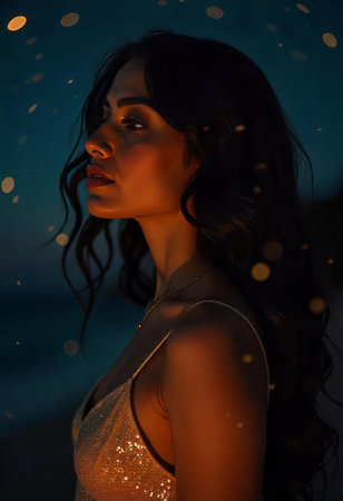 A tan hispanic woman, 27 years old, long wavy black hair, red lips, wearing a white dress in a dark environment with bokeh lightsの素材