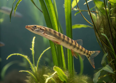 A slender loach with brown and tan stripes weaving through aquatic plantsの素材